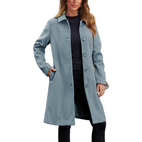 Women's Dusty blue Pea Coat Single Breasted Winter Coat Dress Coat with Pockets - Picture 1 of 7
